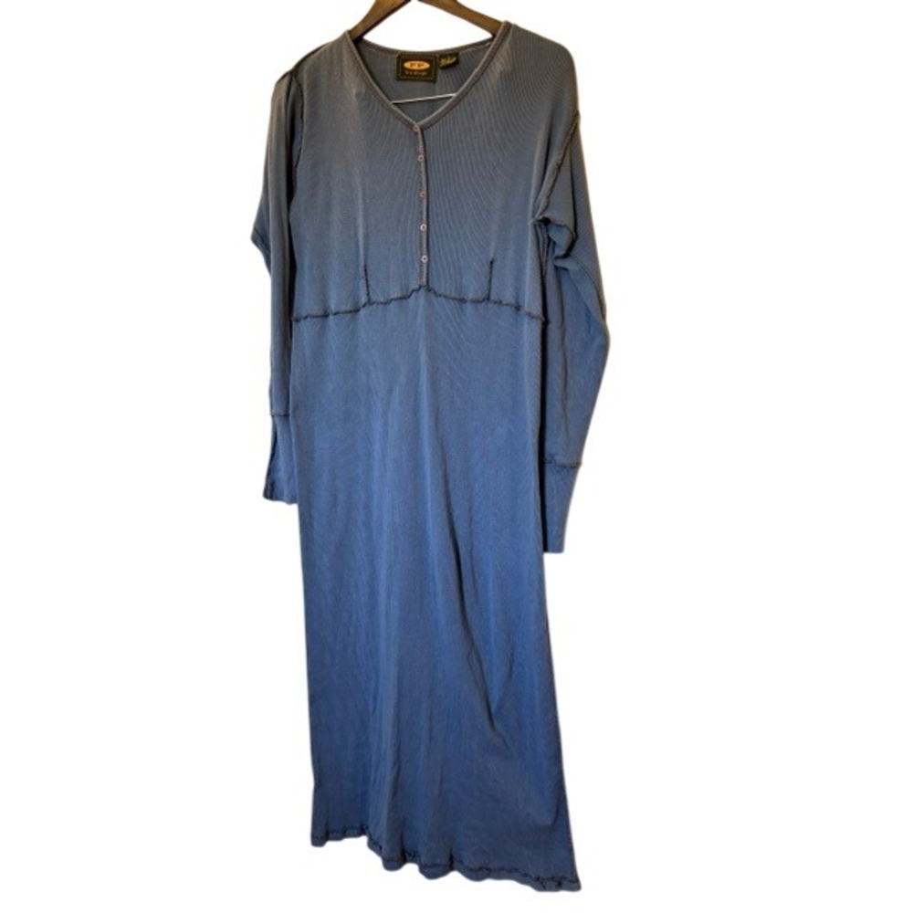 Vintage Free People Blue Ribbed Henley Maxi Dress Long Sleeve Exposed Seams L